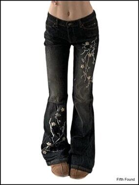 Women Flare Jeans Stretchy Bootcut Mid Rise Embroidered Denim Y2K Vintage